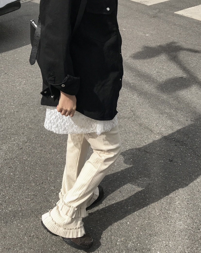 I I韓國直郵㊣東大門實拍女裝新款熱賣打底褲鯊魚褲荷葉邊ITSSONG打底褲/鯊魚褲