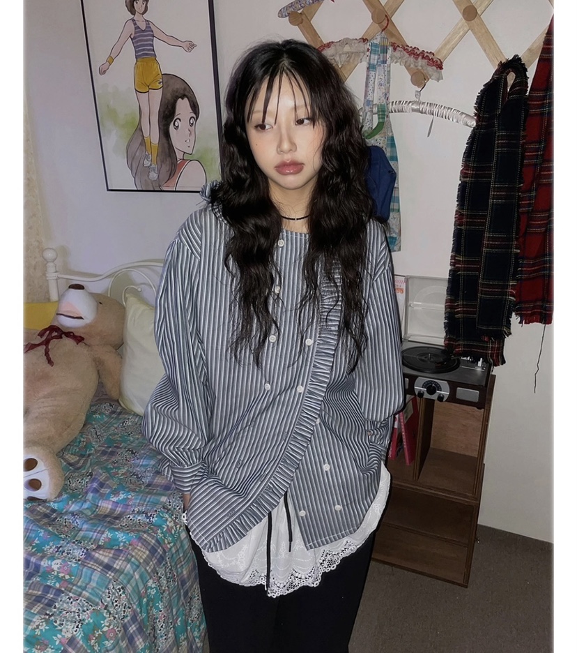 I I韓國㊣直郵東大門代購女裝新款25春夏人氣襯衫蕾絲衫連帽ITSSONG襯衫/蕾絲衫