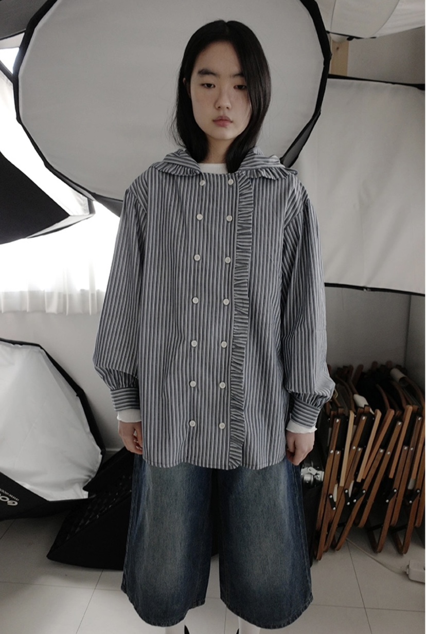 I I韓國㊣直郵東大門代購女裝新款25春夏人氣襯衫蕾絲衫連帽ITSSONG襯衫/蕾絲衫圖色2