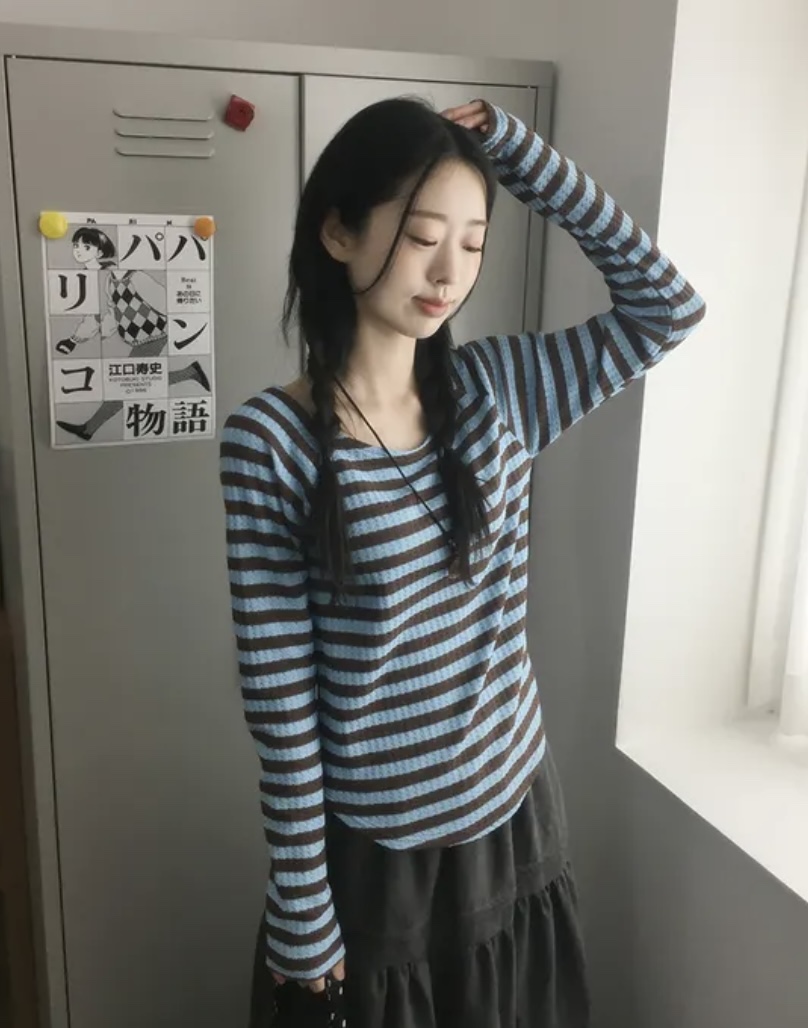 I I韓國直郵㊣女裝新品時尚推薦人氣熱賣25春夏長袖T恤條紋ITSSONG長袖T恤