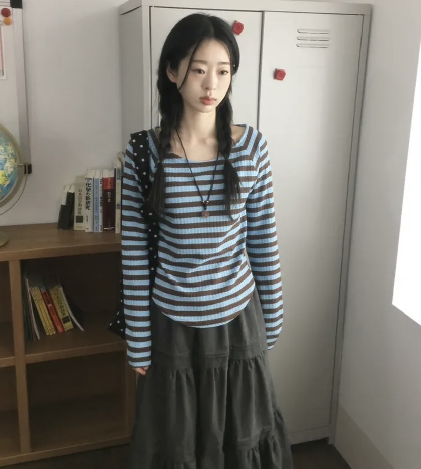 I I韓國直郵㊣女裝新品時尚推薦人氣熱賣25春夏長袖T恤條紋ITSSONG長袖T恤