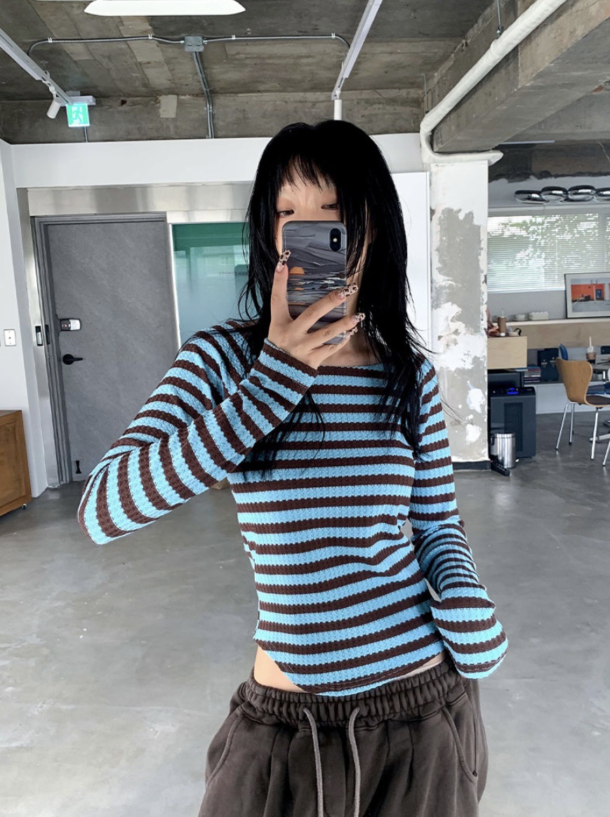 I I韓國直郵㊣女裝新品時尚推薦人氣熱賣25春夏長袖T恤條紋ITSSONG長袖T恤