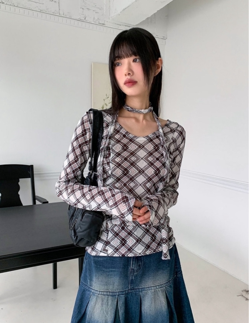I I韓國直郵㊣東大門實拍女裝新品推薦時尚25春夏T恤含脖帶格紋ITSSONGT恤