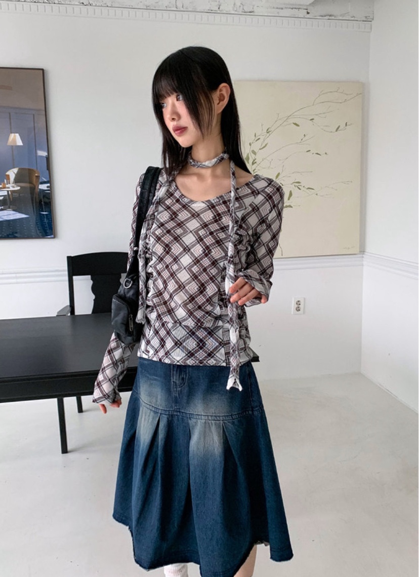 I I韓國直郵㊣東大門實拍女裝新品推薦時尚25春夏T恤含脖帶格紋ITSSONGT恤