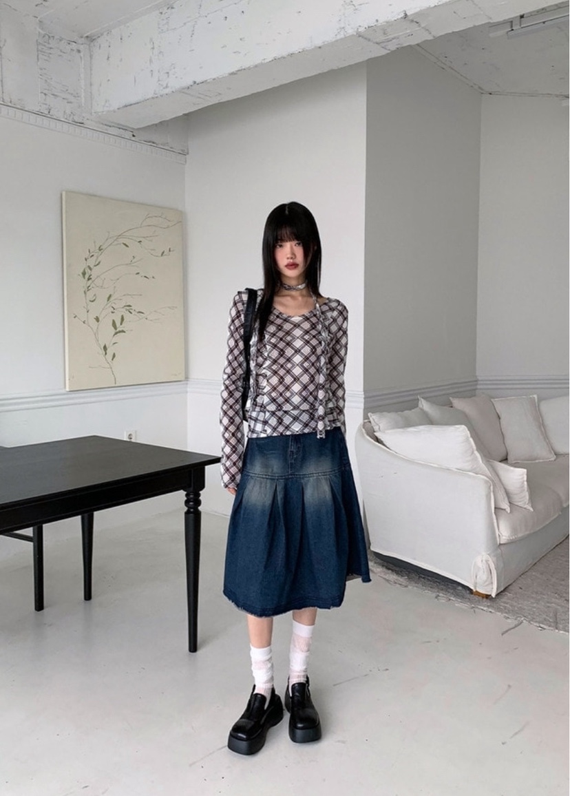 I I韓國直郵㊣東大門實拍女裝新品推薦時尚25春夏T恤含脖帶格紋ITSSONGT恤