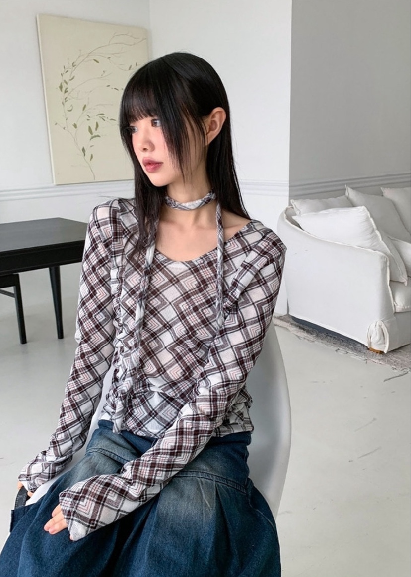 I I韓國直郵㊣東大門實拍女裝新品推薦時尚25春夏T恤含脖帶格紋ITSSONGT恤