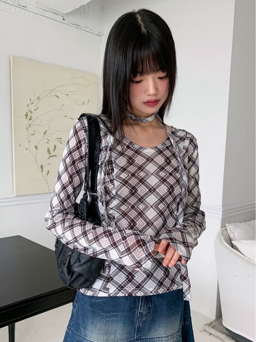 I I韓國直郵㊣東大門實拍女裝新品推薦時尚25春夏T恤含脖帶格紋ITSSONGT恤
