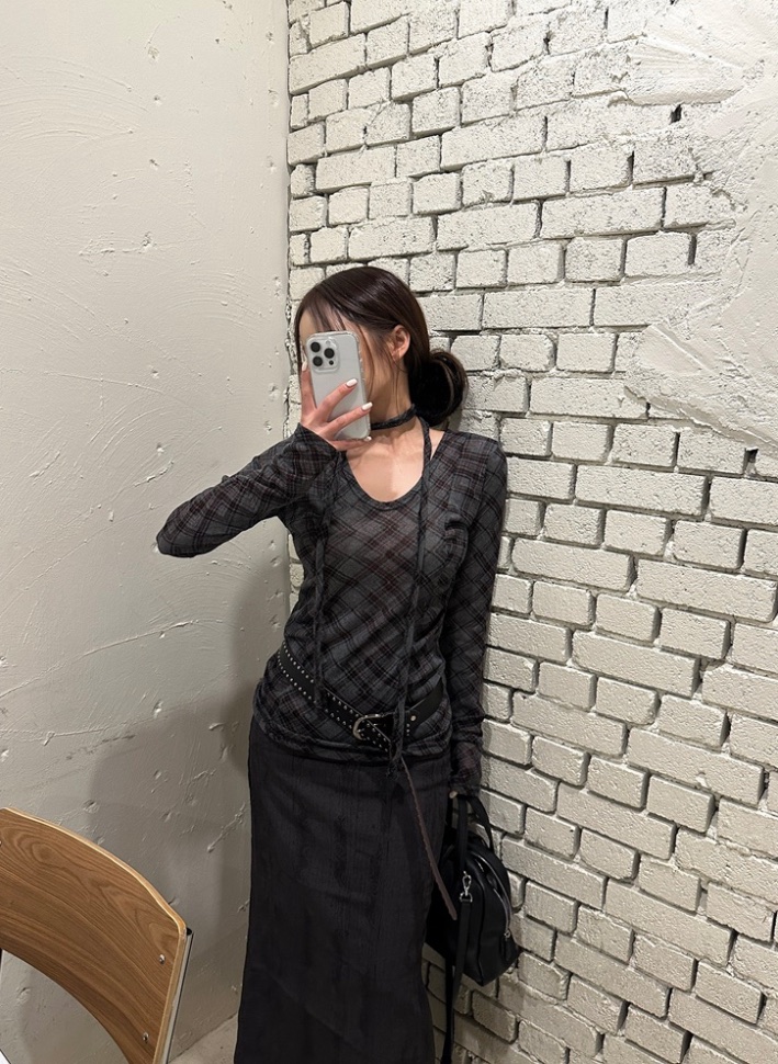 I I韓國直郵㊣東大門實拍女裝新品推薦時尚25春夏T恤含脖帶格紋ITSSONGT恤