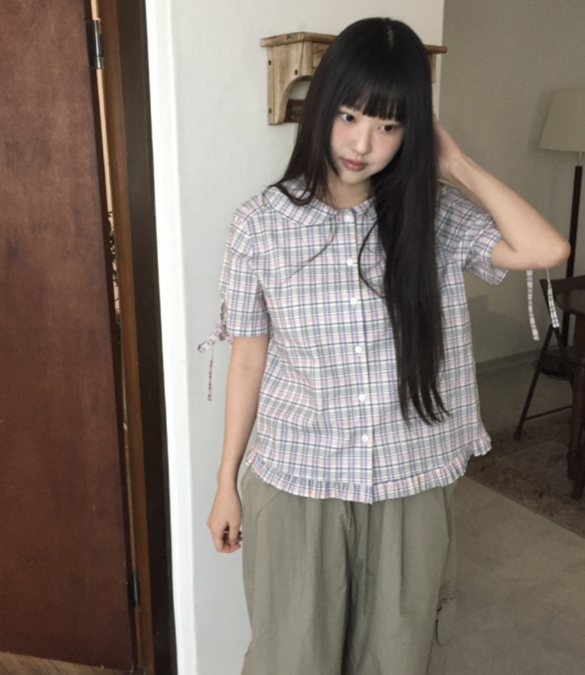 I I直郵韓國代購㊣女裝新款人氣熱賣時尚25春夏襯衫蕾絲衫格紋ITSSONG襯衫/蕾絲衫