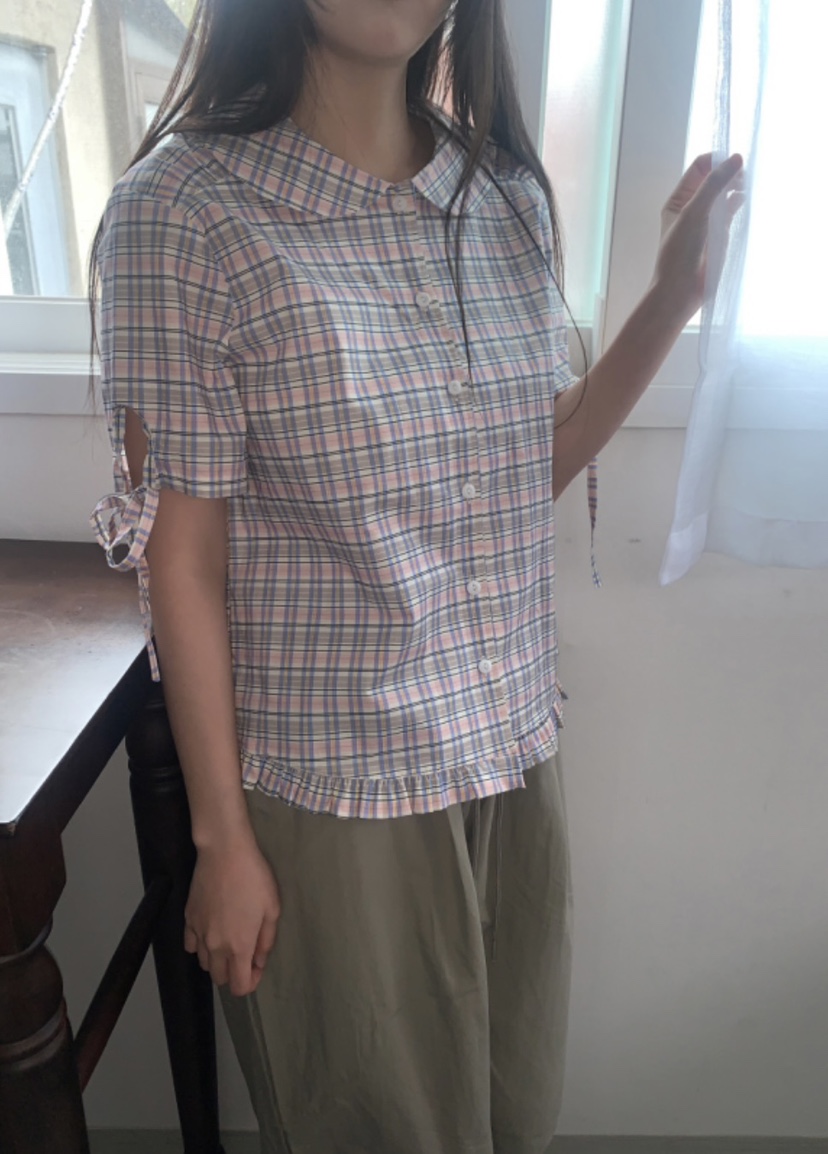 I I直郵韓國代購㊣女裝新款人氣熱賣時尚25春夏襯衫蕾絲衫格紋ITSSONG襯衫/蕾絲衫