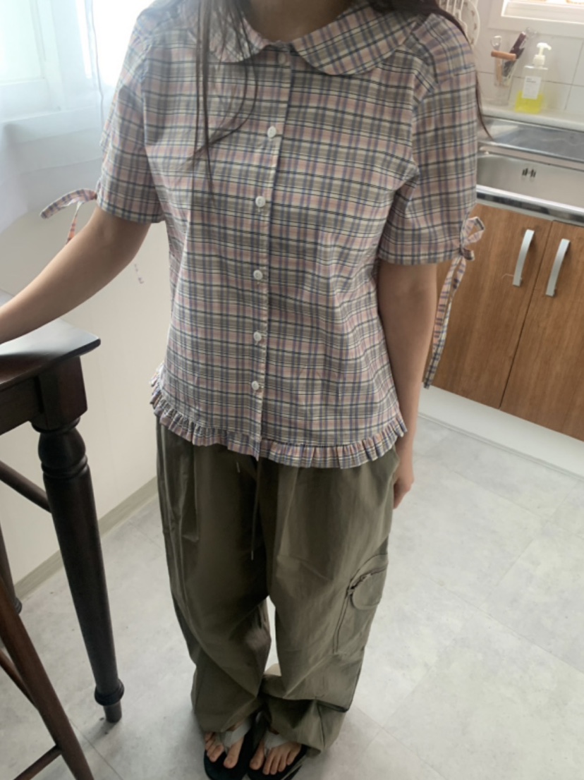 I I直郵韓國代購㊣女裝新款人氣熱賣時尚25春夏襯衫蕾絲衫格紋ITSSONG襯衫/蕾絲衫