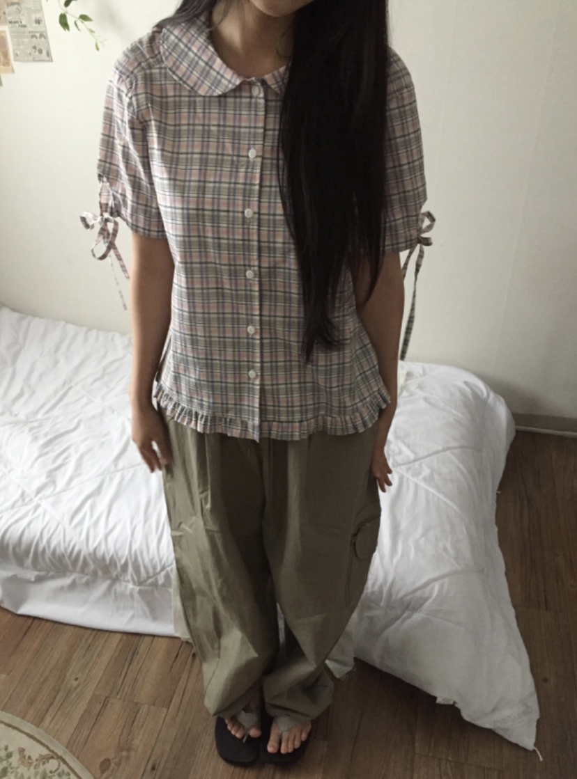I I直郵韓國代購㊣女裝新款人氣熱賣時尚25春夏襯衫蕾絲衫格紋ITSSONG襯衫/蕾絲衫