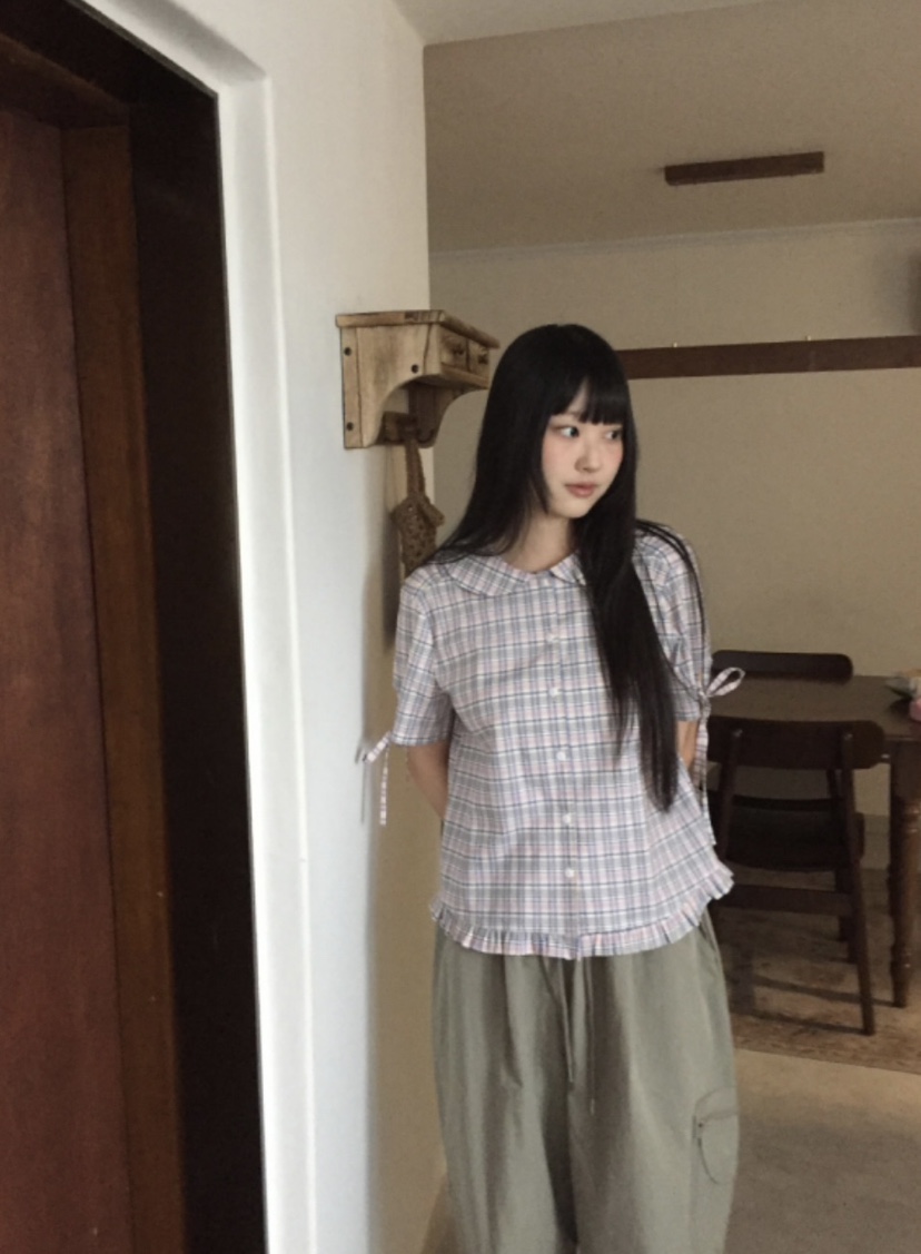 I I直郵韓國代購㊣女裝新款人氣熱賣時尚25春夏襯衫蕾絲衫格紋ITSSONG襯衫/蕾絲衫