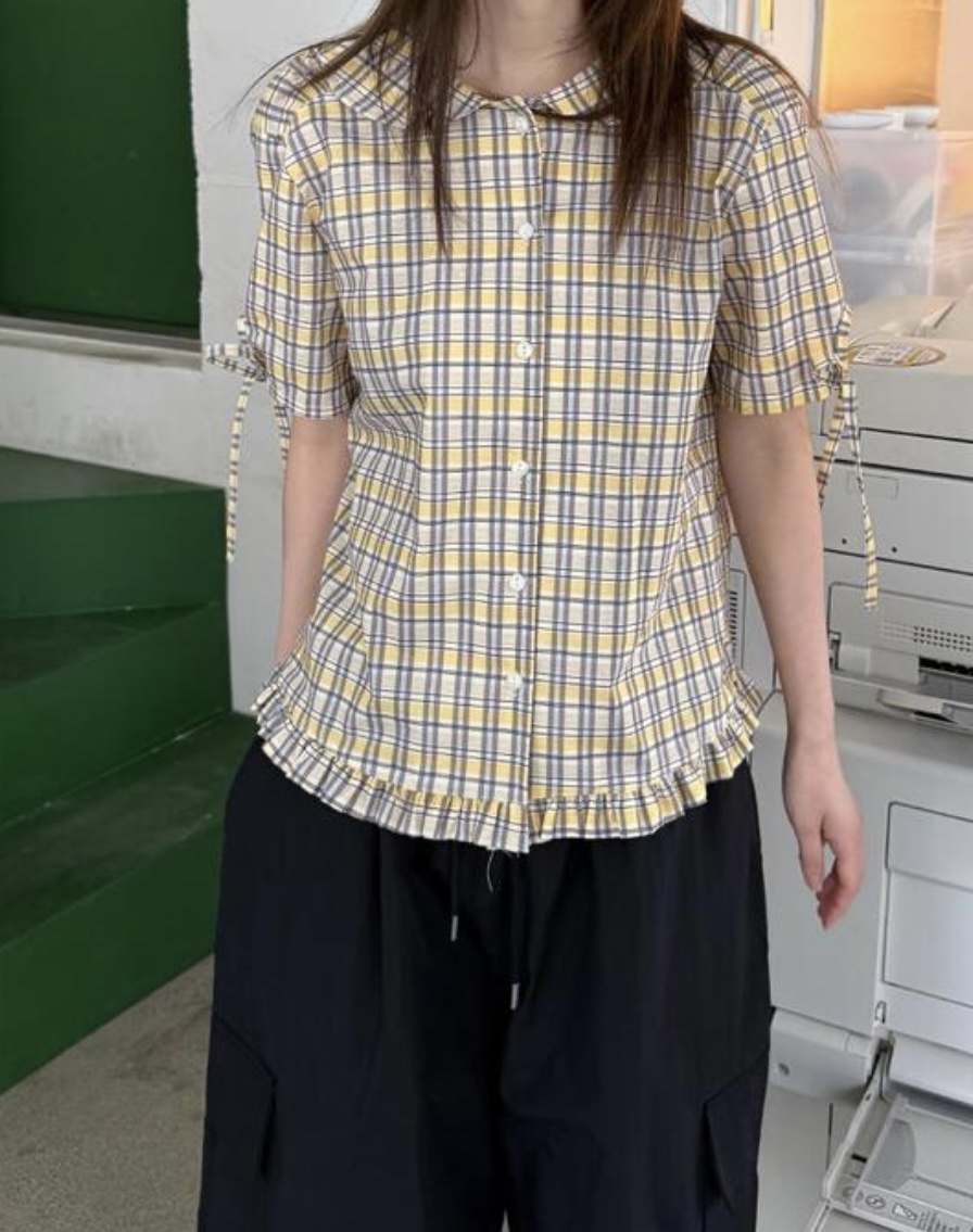 I I直郵韓國代購㊣女裝新款人氣熱賣時尚25春夏襯衫蕾絲衫格紋ITSSONG襯衫/蕾絲衫