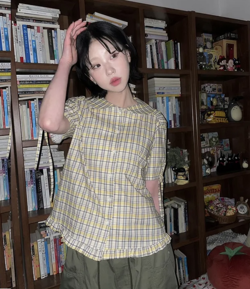 I I直郵韓國代購㊣女裝新款人氣熱賣時尚25春夏襯衫蕾絲衫格紋ITSSONG襯衫/蕾絲衫