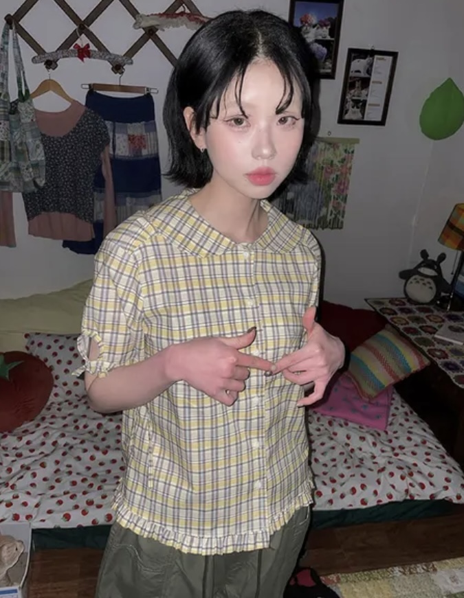 I I直郵韓國代購㊣女裝新款人氣熱賣時尚25春夏襯衫蕾絲衫格紋ITSSONG襯衫/蕾絲衫