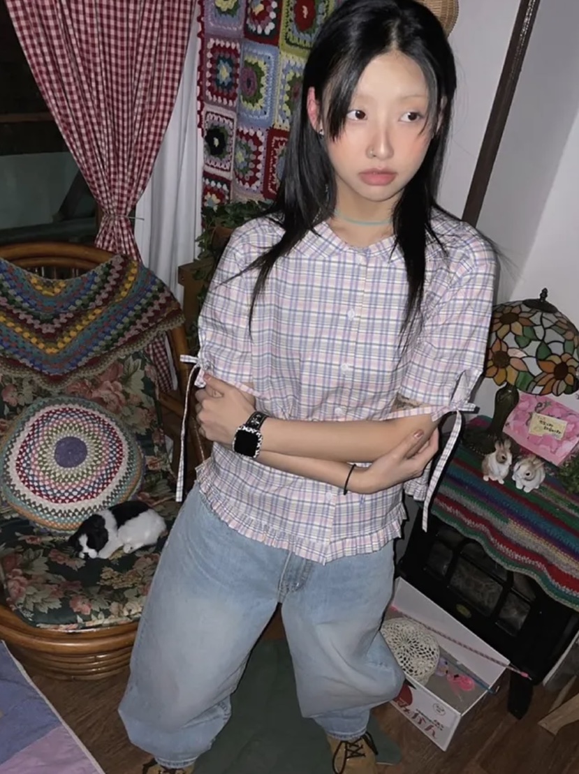 I I直郵韓國代購㊣女裝新款人氣熱賣時尚25春夏襯衫蕾絲衫格紋ITSSONG襯衫/蕾絲衫