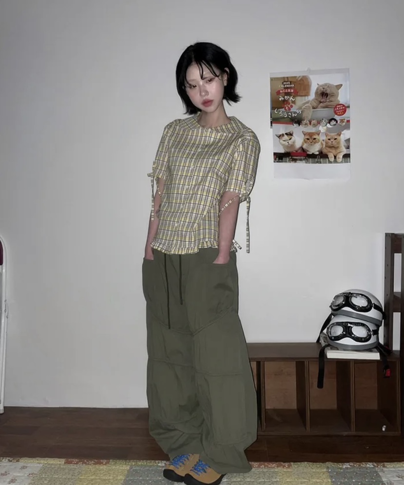I I直郵韓國代購㊣女裝新款人氣熱賣時尚25春夏襯衫蕾絲衫格紋ITSSONG襯衫/蕾絲衫