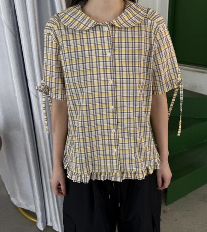 I I直郵韓國代購㊣女裝新款人氣熱賣時尚25春夏襯衫蕾絲衫格紋ITSSONG襯衫/蕾絲衫