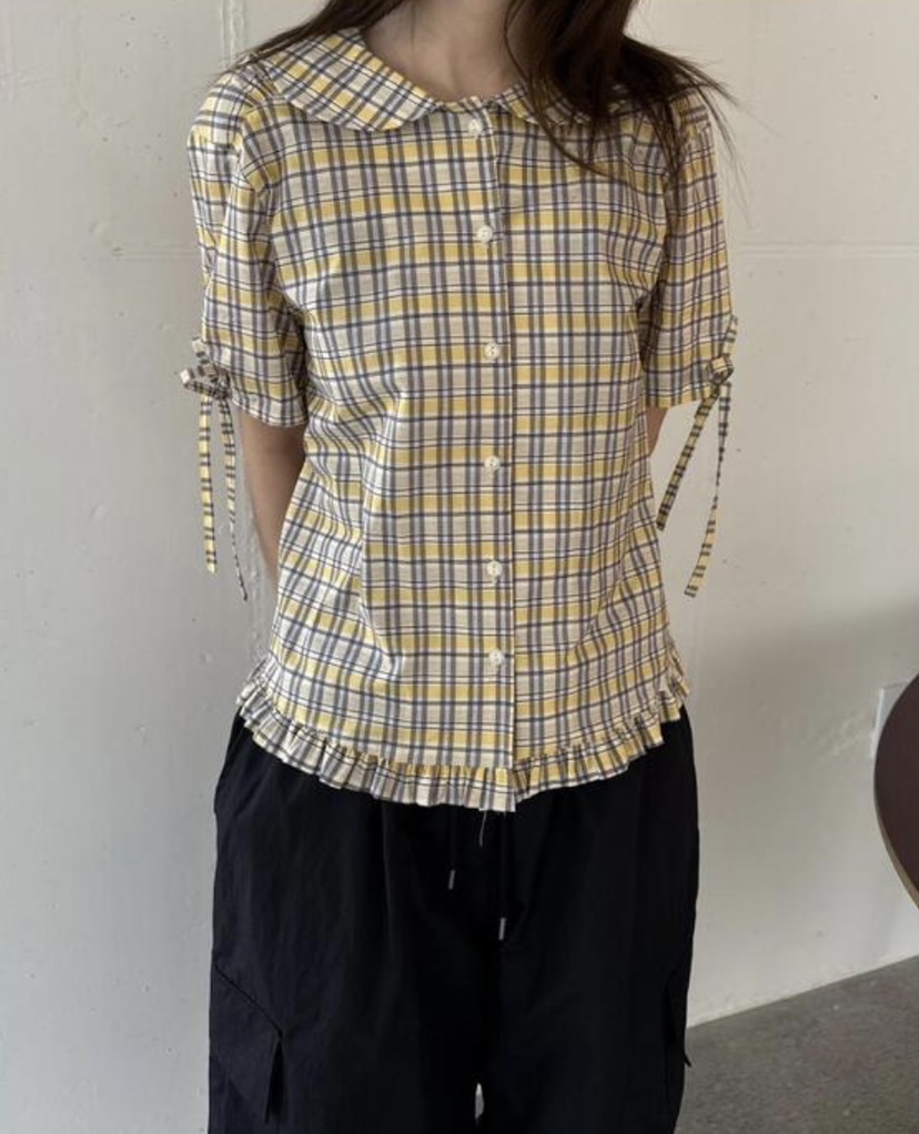 I I直郵韓國代購㊣女裝新款人氣熱賣時尚25春夏襯衫蕾絲衫格紋ITSSONG襯衫/蕾絲衫圖色2