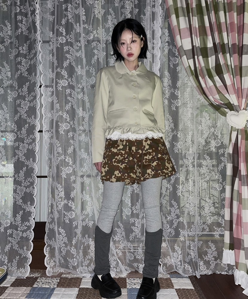I I韓國直郵㊣東大門實拍女裝新款推薦人氣短褲荷葉邊迷彩ITSSONG短褲