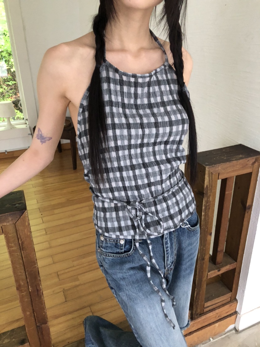 FLASH韓國直郵㊣女裝新品時尚25春夏休閑人氣推薦吊帶背心格紋FLASH吊帶/背心