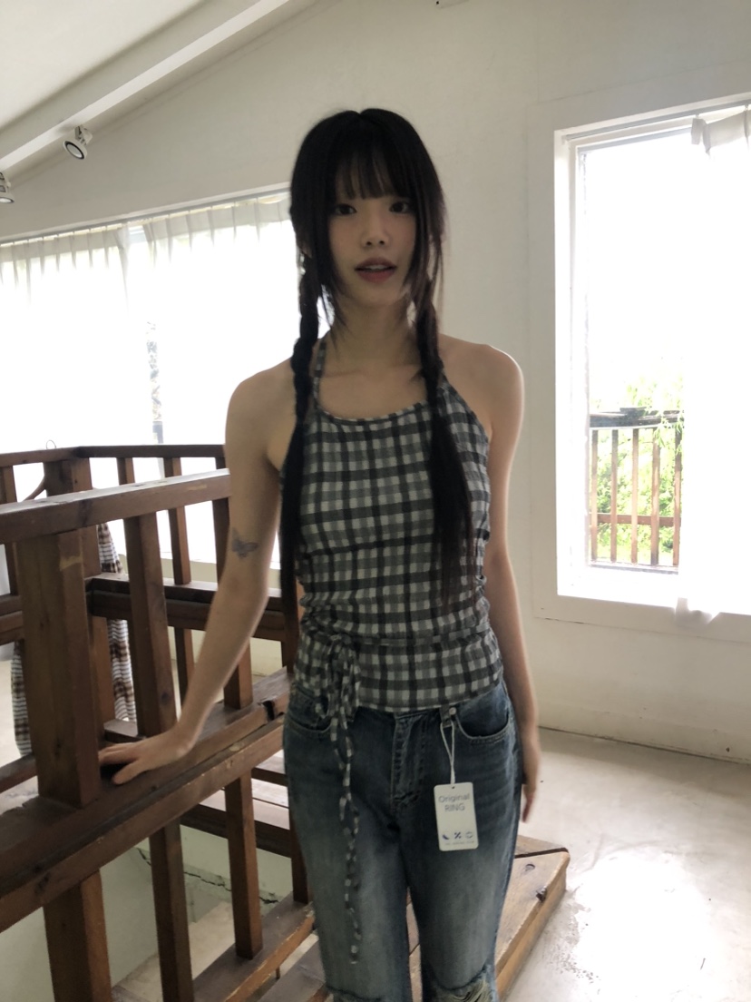 FLASH韓國直郵㊣女裝新品時尚25春夏休閑人氣推薦吊帶背心格紋FLASH吊帶/背心