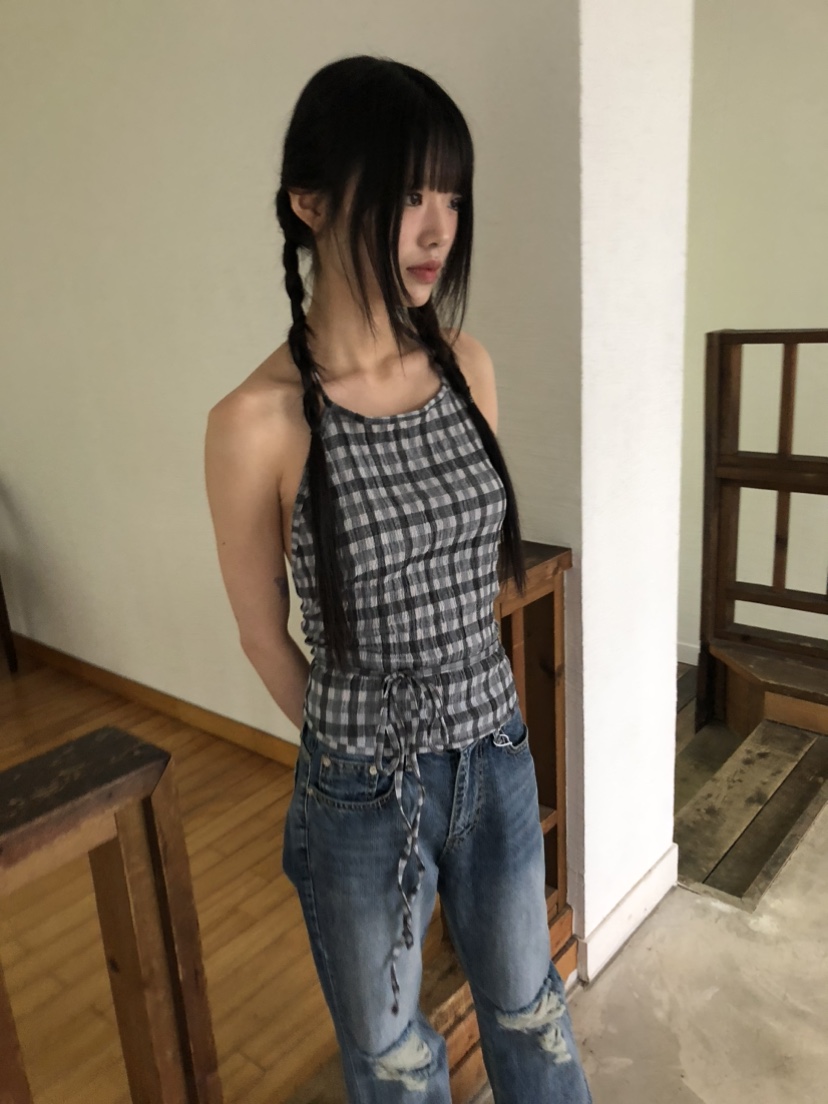 FLASH韓國直郵㊣女裝新品時尚25春夏休閑人氣推薦吊帶背心格紋FLASH吊帶/背心