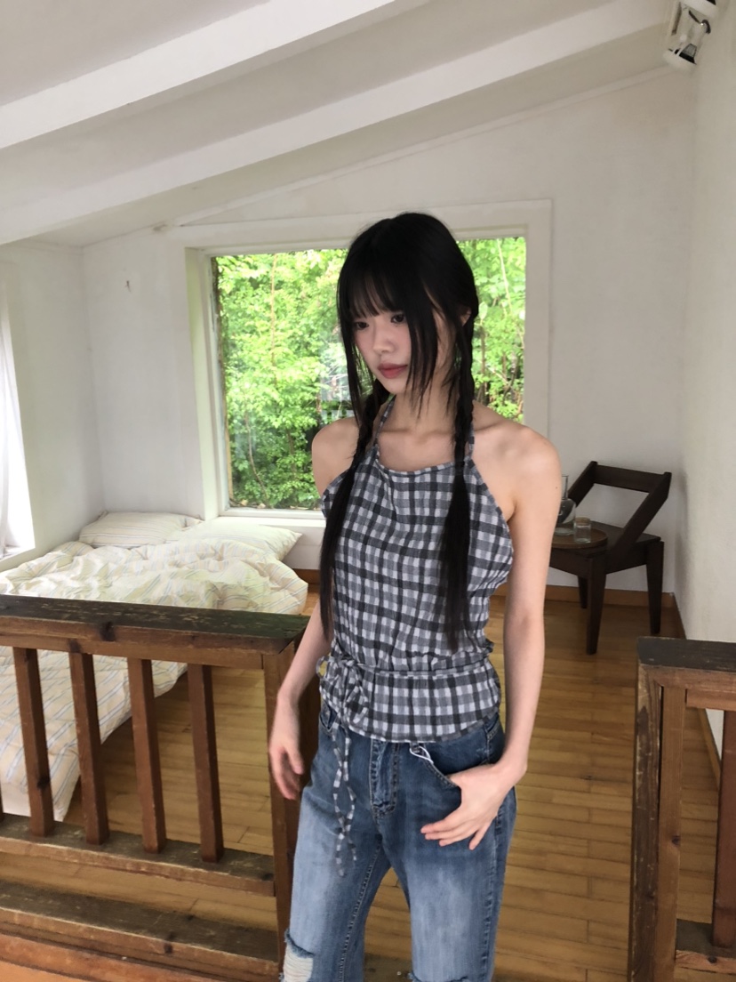 FLASH韓國直郵㊣女裝新品時尚25春夏休閑人氣推薦吊帶背心格紋FLASH吊帶/背心
