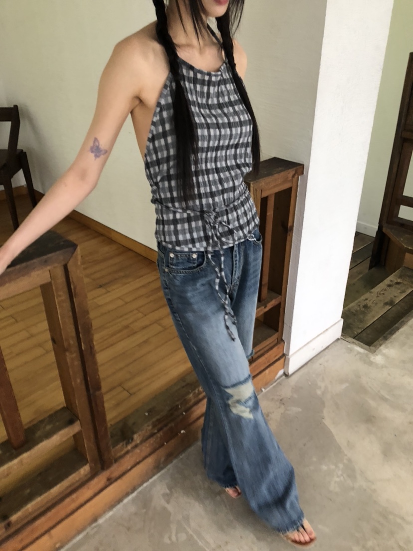 FLASH韓國直郵㊣女裝新品時尚25春夏休閑人氣推薦吊帶背心格紋FLASH吊帶/背心