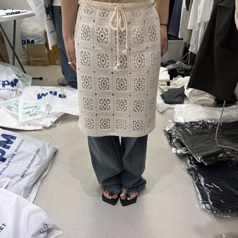 PADO韓國直郵㊣女裝新款時尚休閑半身裙中短裙鉤針編織長款PADO半身裙/中短裙