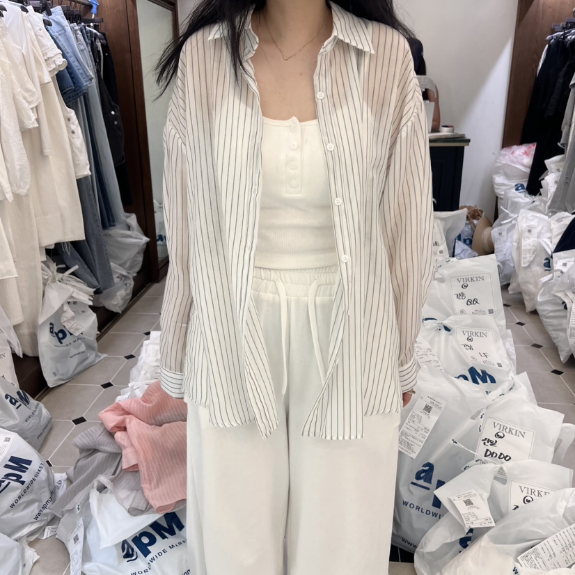 VIRKIN韓國直郵㊣女裝新款時尚熱賣25春夏襯衫蕾絲衫天絲條紋VIRKIN襯衫/蕾絲衫圖色4