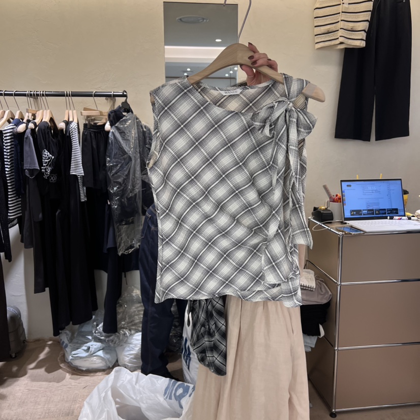W AND J直郵韓國代購㊣女裝新品推薦熱賣吊帶背心蝴蝶結格紋W AND J吊帶/背心