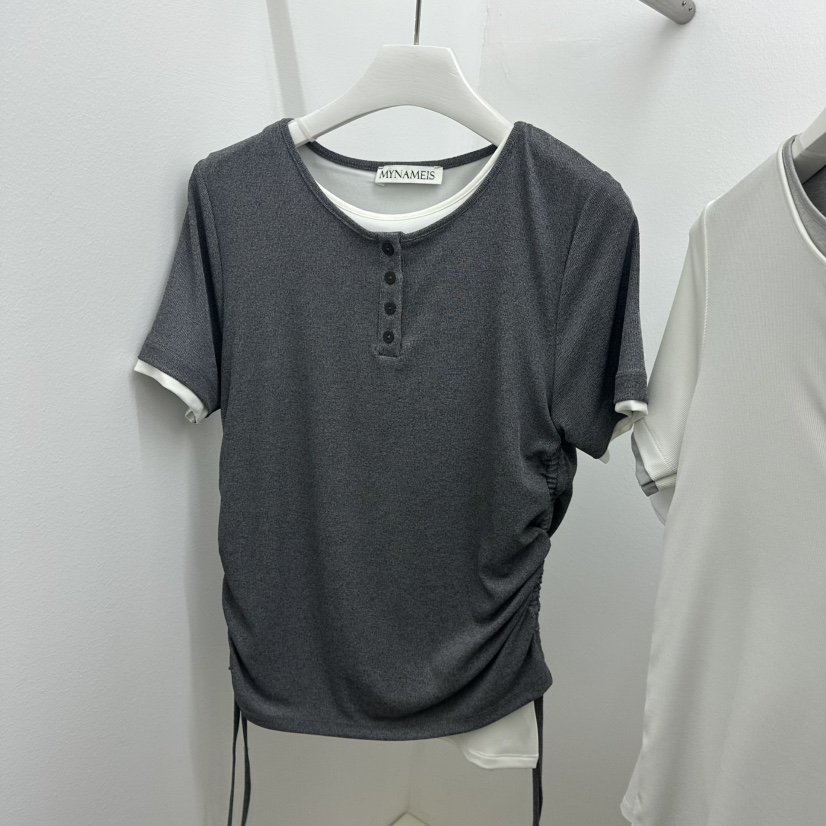 MYNAMEIS直郵韓國代購㊣女裝新品25春夏時尚推薦人氣T恤假兩件MYNAMEIST恤圖色2