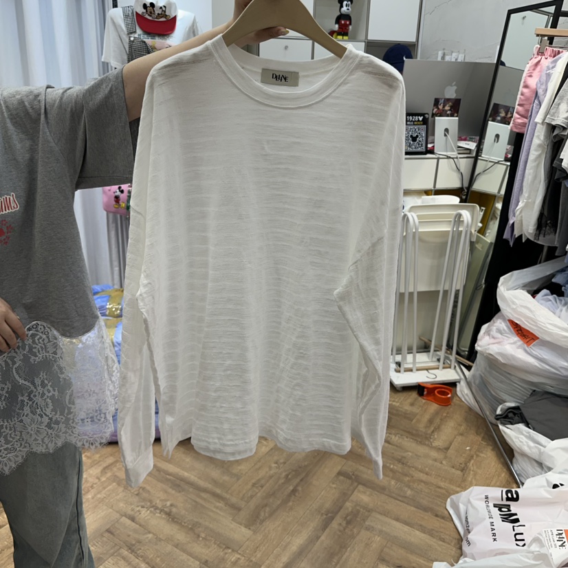 DE LINE韓國㊣直郵東大門代購女裝新品休閑推薦長袖T恤亞麻DE LINE長袖T恤圖色1