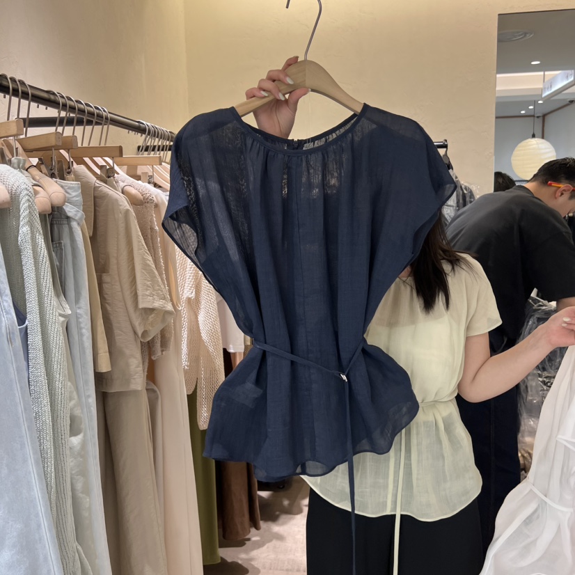 W AND J韓國直郵㊣女裝新款休閑人氣襯衫蕾絲衫含腰繩亞麻W AND J襯衫/蕾絲衫圖色2