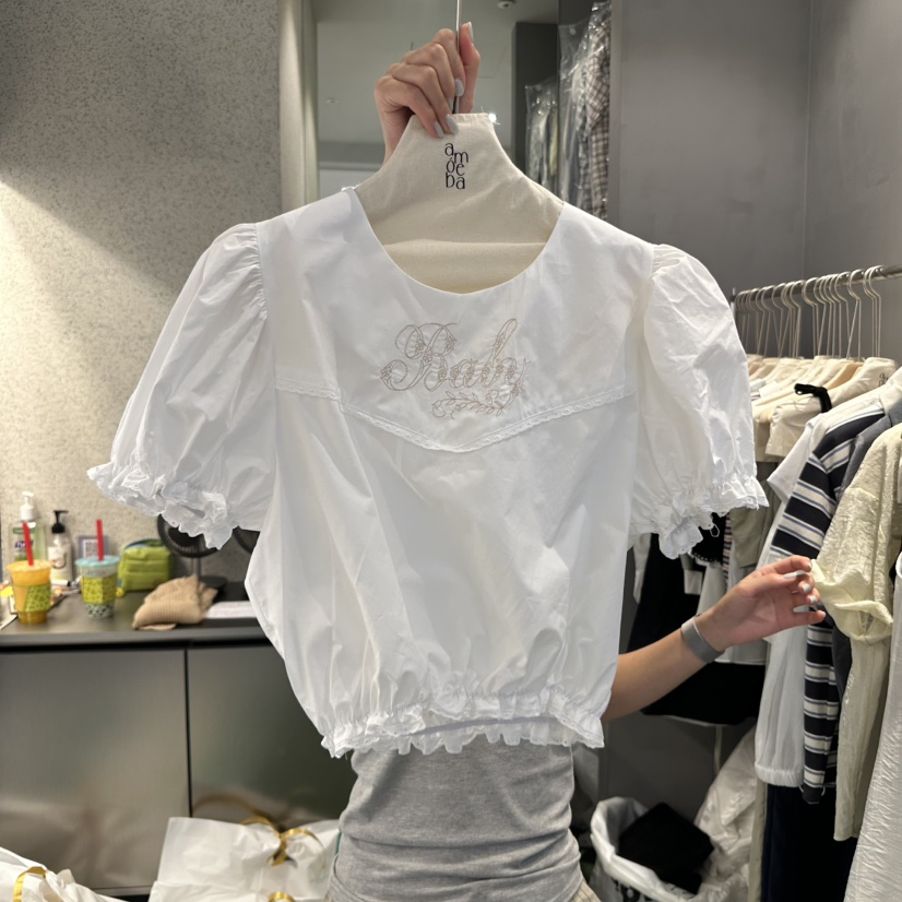 AMOEBA韓國直郵㊣女裝新款推薦人氣25春夏休閑襯衫蕾絲衫刺繡AMOEBA襯衫/蕾絲衫