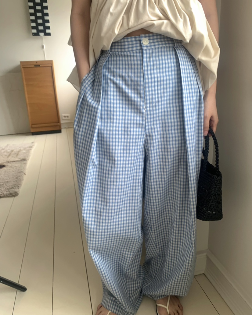 PEBBLE韓國直郵㊣東大門實拍女裝新款25春夏熱賣休閑褲格子PEBBLE/LAYER休閑褲