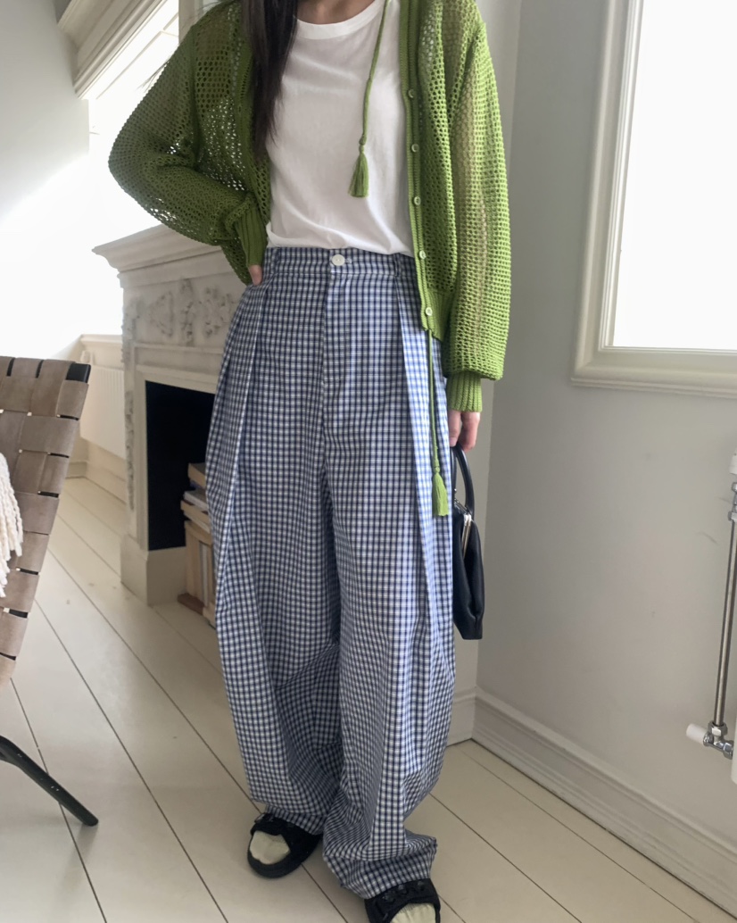 PEBBLE韓國直郵㊣東大門實拍女裝新款25春夏熱賣休閑褲格子PEBBLE/LAYER休閑褲
