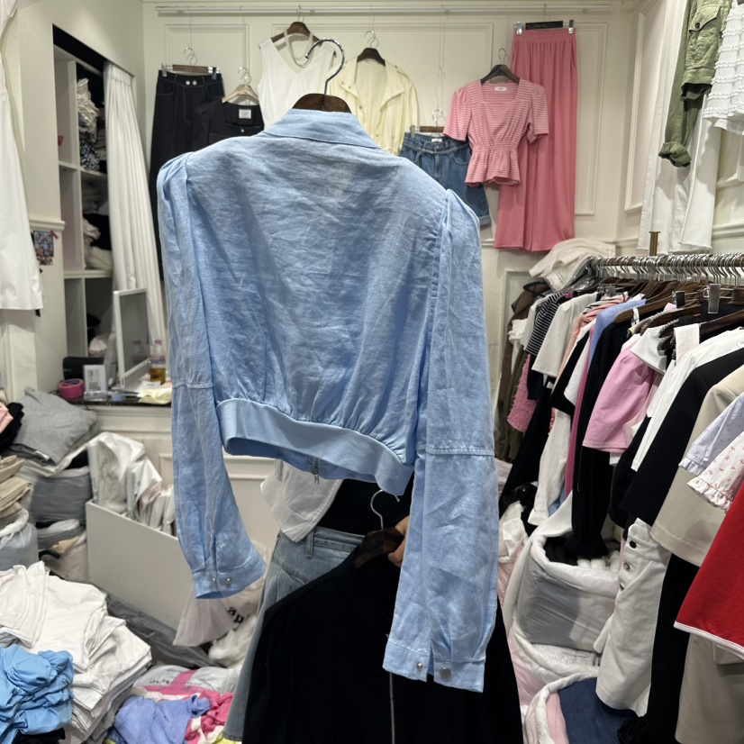 J.RITZY韓國直郵㊣女裝新款熱賣25春夏夾克泡泡袖拉鏈亞麻J.RITZY夾克
