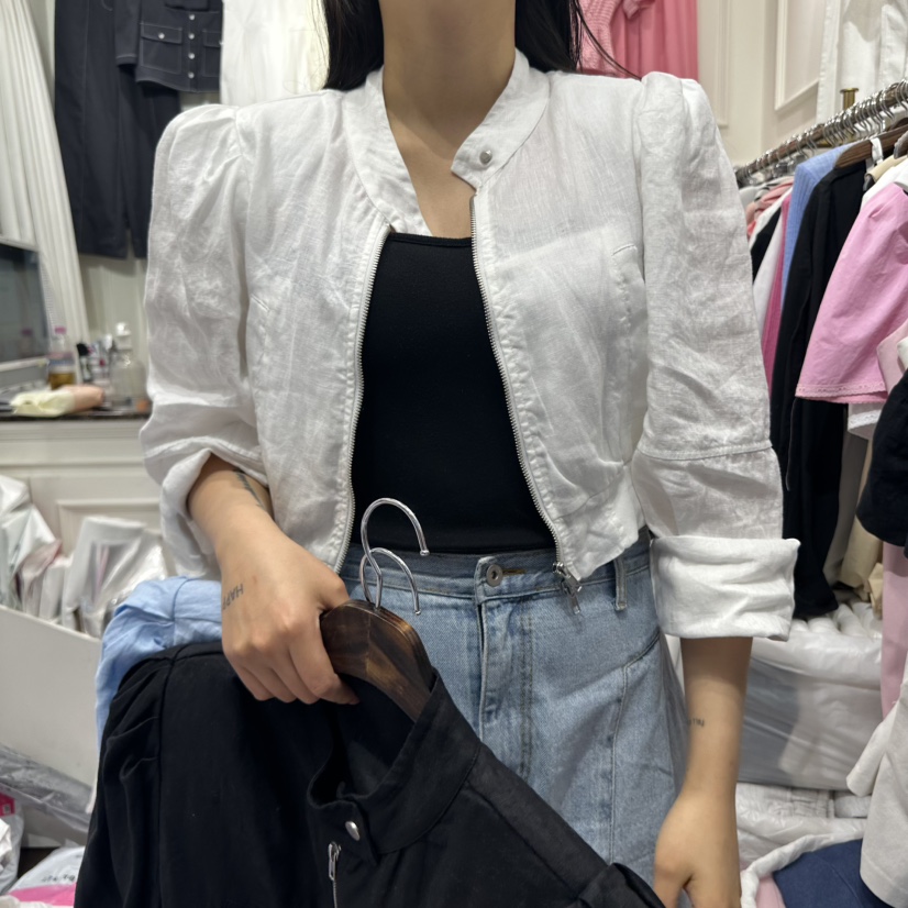 J.RITZY韓國直郵㊣女裝新款熱賣25春夏夾克泡泡袖拉鏈亞麻J.RITZY夾克圖色2