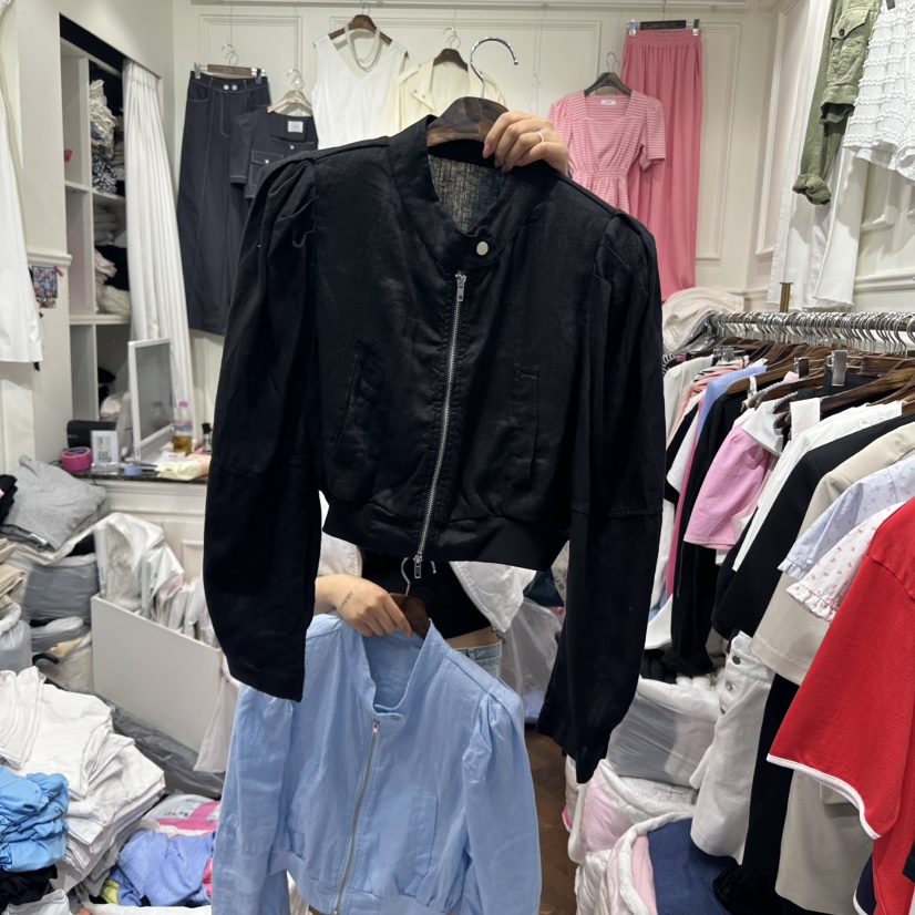 J.RITZY韓國直郵㊣女裝新款熱賣25春夏夾克泡泡袖拉鏈亞麻J.RITZY夾克圖色3