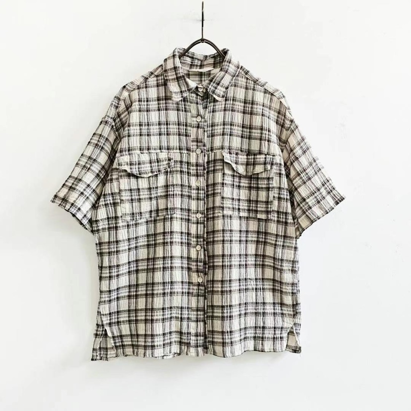 PUCO韓國㊣直郵東大門代購女裝新品25春夏襯衫蕾絲衫口袋格紋PUCO襯衫/蕾絲衫