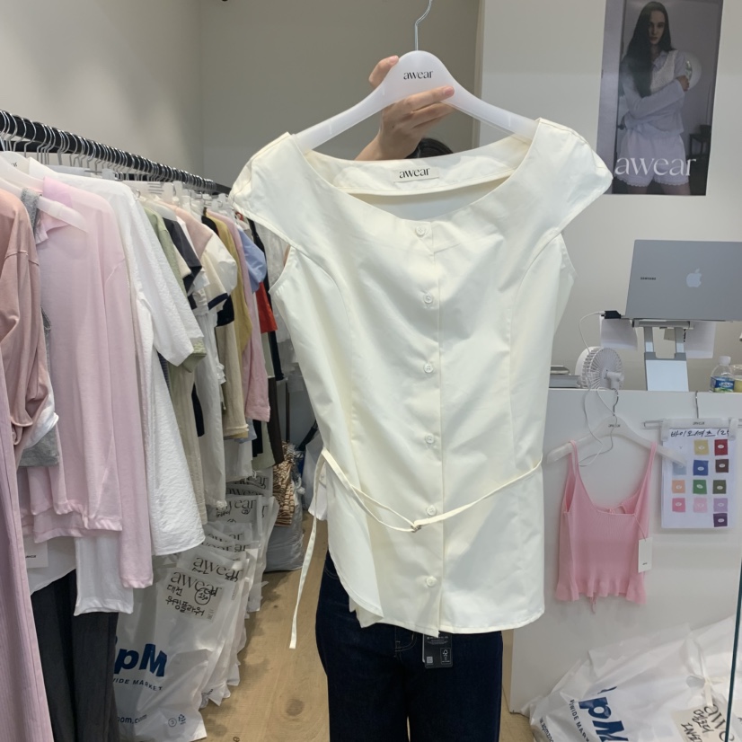 RUMIRU/AWEAR韓國直郵㊣女裝新款25春夏休閑襯衫蕾絲衫含腰繩awear/RUMIRU襯衫/蕾絲衫圖色2