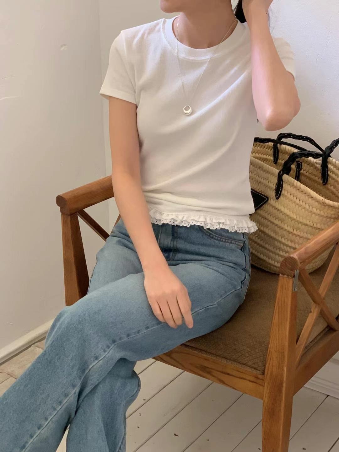 BABY SALON韓國直郵㊣東大門實拍女裝新款休閑T恤短款蕾絲BABY SALONT恤