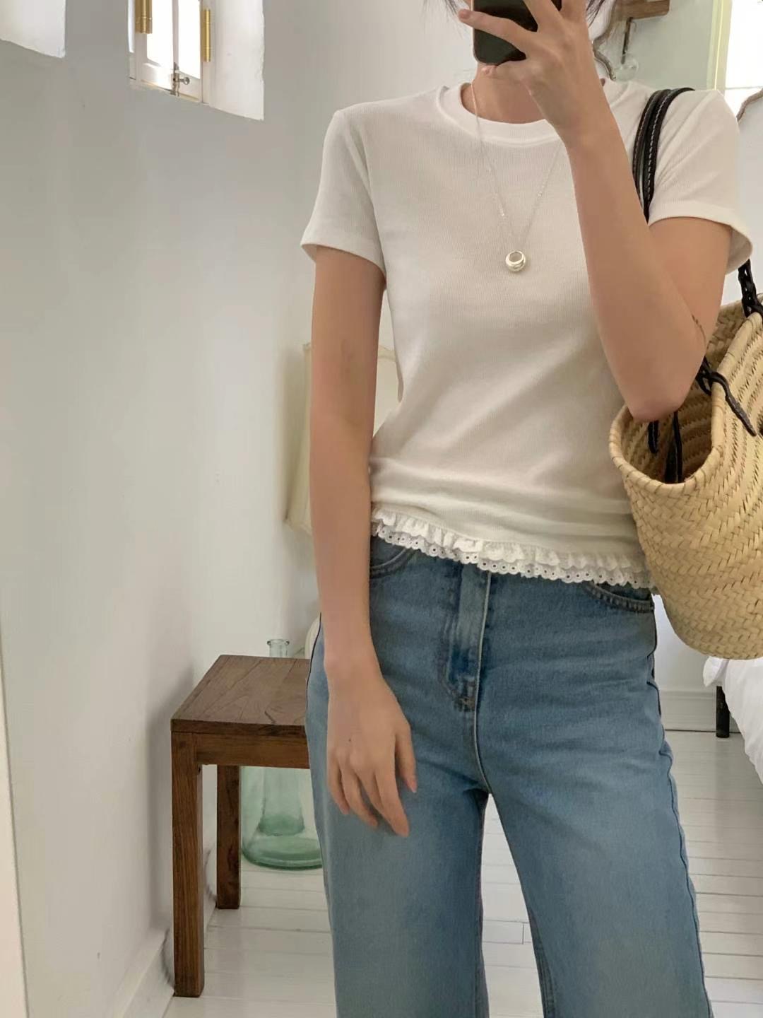 BABY SALON韓國直郵㊣東大門實拍女裝新款休閑T恤短款蕾絲BABY SALONT恤
