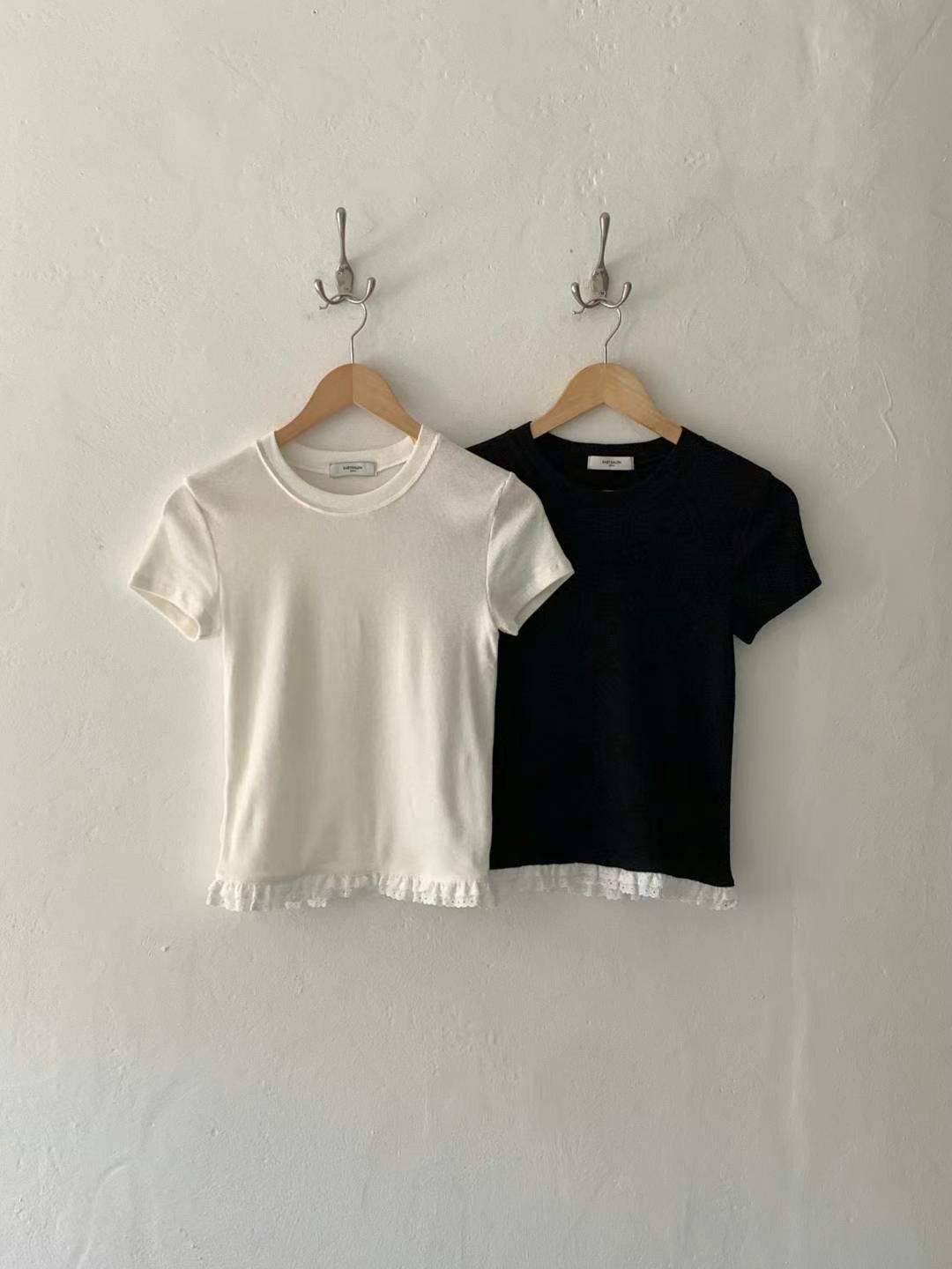 BABY SALON韓國直郵㊣東大門實拍女裝新款休閑T恤短款蕾絲BABY SALONT恤圖色2左二色