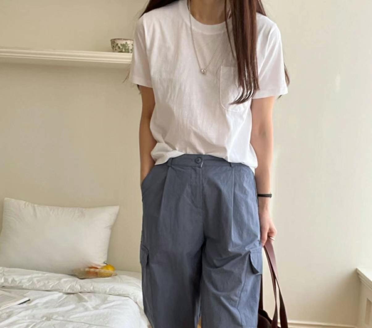 BOUNDARY韓國直郵㊣東大門實拍女裝新款25春夏推薦T恤口袋絲綢BOUNDARYT恤