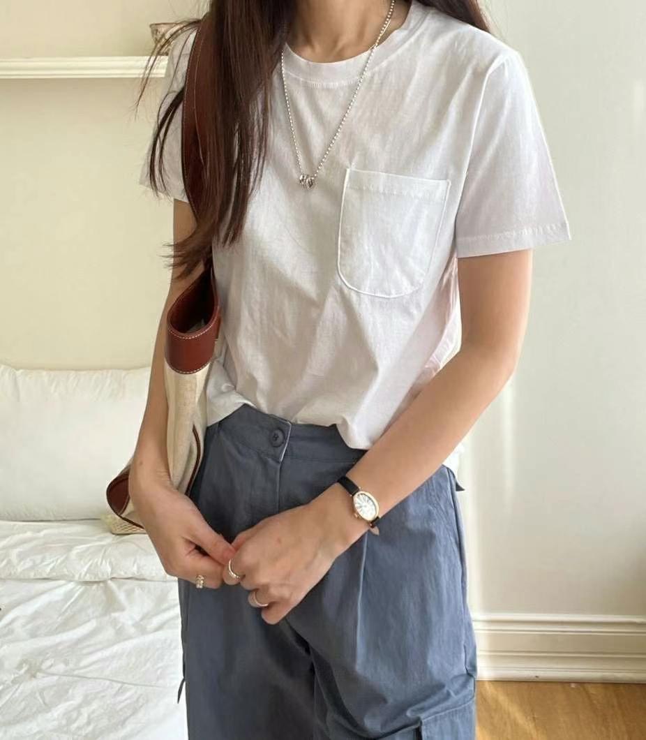 BOUNDARY韓國直郵㊣東大門實拍女裝新款25春夏推薦T恤口袋絲綢BOUNDARYT恤