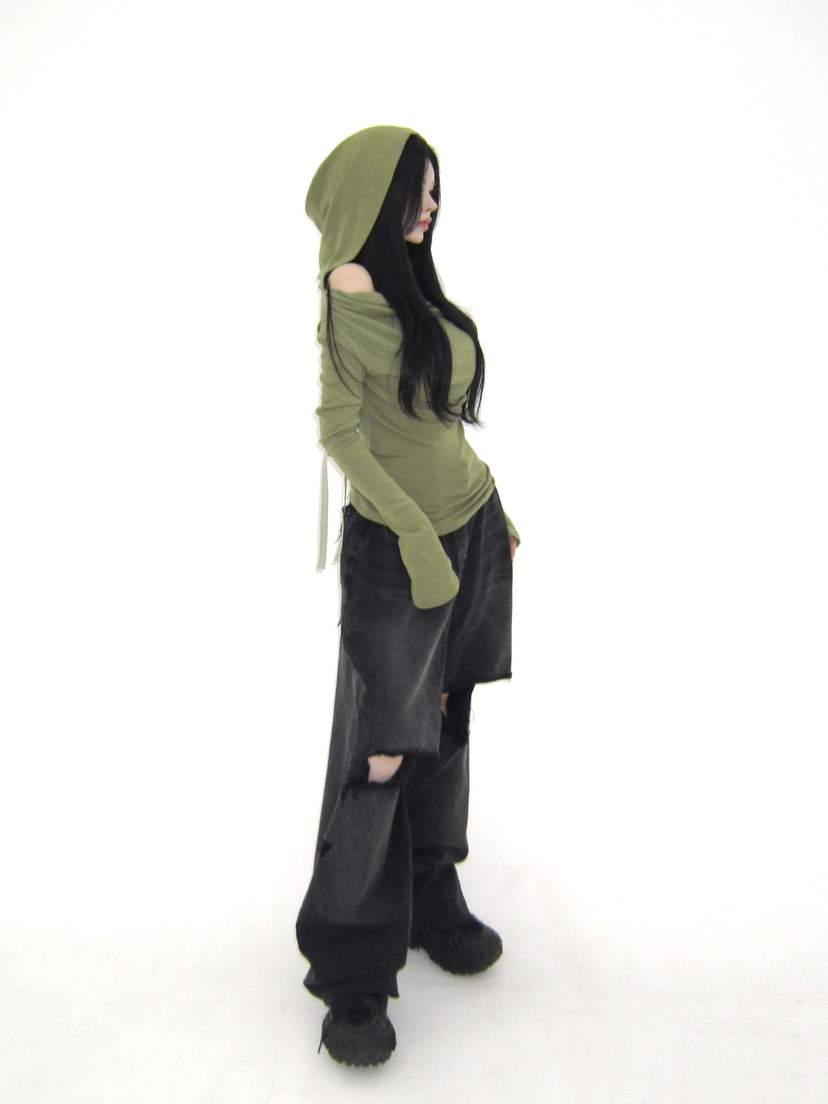 I I韓國直郵㊣東大門實拍女裝新款人氣長袖T恤不含腰帶兜帽ITSSONG長袖T恤